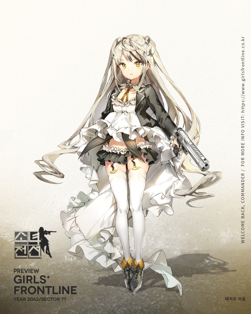 1girl ahoge anmi bangs black_skirt blazer blonde_hair bow breasts character_name crown desert_eagle desert_eagle_(girls_frontline) detached_collar dress eyebrows_visible_through_hair frilled_dress frilled_sleeves frills full_body garter_straps girls_frontline grey_footwear gun hair_between_eyes handgun heart highres holding holding_gun holding_weapon jacket lace-up_shoes long_hair long_sleeves looking_at_viewer miniskirt mole mole_under_eye necktie official_art open_clothes open_mouth pistol shoes skirt small_breasts solo strapless strapless_dress striped striped_neckwear thigh-highs trigger_discipline very_long_hair weapon white_legwear wings yellow_eyes yellow_neckwear