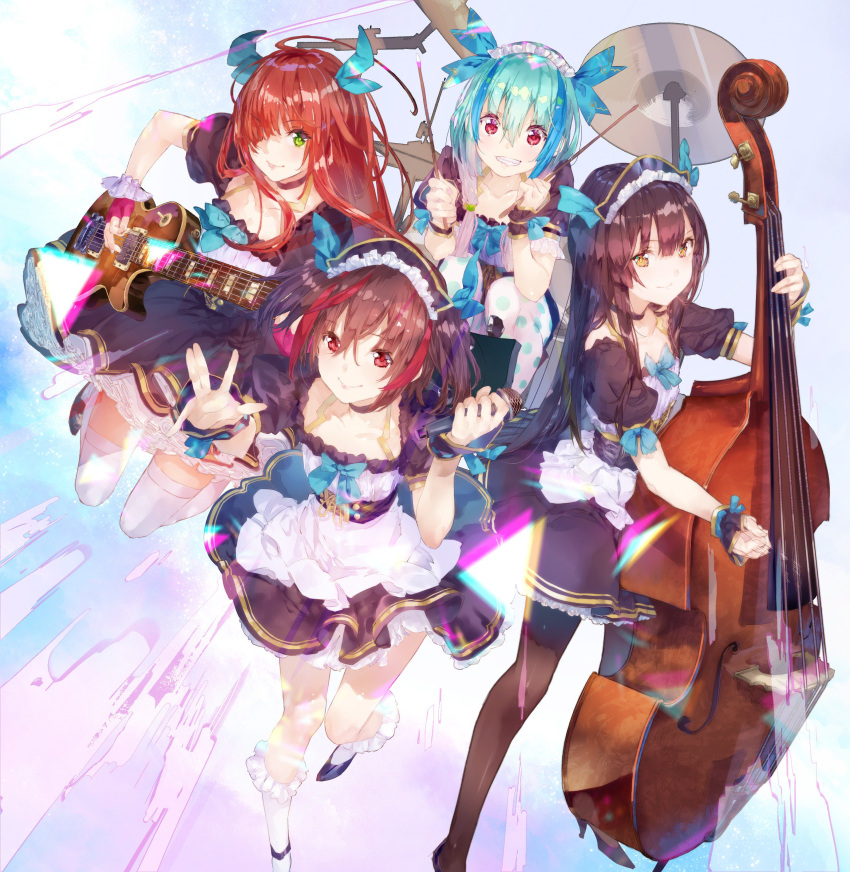 4boys absurdres alternate_costume apron aqua_hair band band_yarouze! black_hair black_legwear brown_hair dress drum drum_set electric_guitar enmaided green_eyes grin guitar highres instrument long_hair looking_at_viewer maid maid_apron maid_headdress male_focus microphone miley_(band_yarouze!) mint_(band_yarouze!) multiple_boys official_art pantyhose shelly_(band_yarouze!) smile twintails waist_apron white_apron yukiho_(band_yarouze!) yuugen