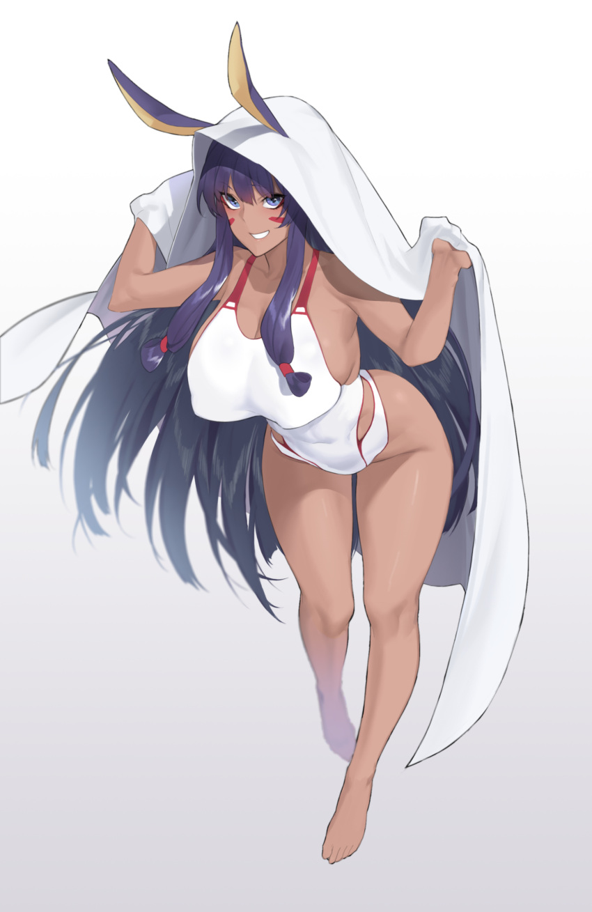 1girl absurdres animal_ears bangs barefoot bed_sheet blanket blue_eyes breasts competition_swimsuit covered_nipples dark_skin facepaint facial_mark fate/grand_order fate_(series) full_body grin highres jackal_ears large_breasts leaning_forward long_hair looking_at_viewer mimyo nitocris_(fate/grand_order) nitocris_(swimsuit_assassin)_(fate) one-piece_swimsuit purple_hair sidelocks smile solo standing swimsuit very_long_hair white_swimsuit
