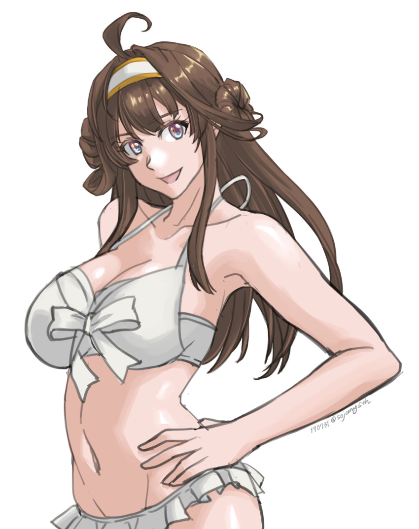 1girl ahoge bikini breasts brown_hair collarbone commentary_request cowboy_shot dated double_bun frilled_bikini frills groin hairband hands_on_hips head_tilt headgear highres kantai_collection kongou_(kantai_collection) large_breasts long_hair navel simple_background smile solo sozan swimsuit twitter_username violet_eyes white_background white_bikini