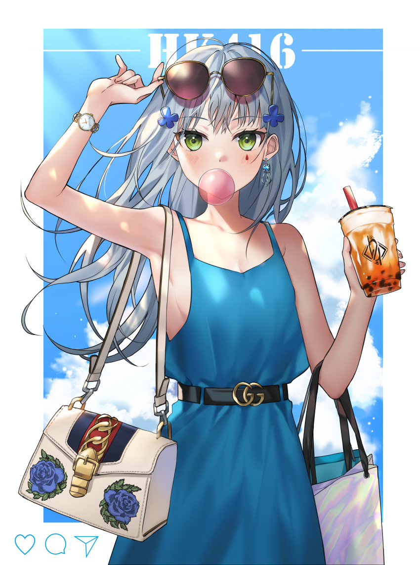 1girl 404_logo_(girls_frontline) absurdres adjusting_eyewear bag bangs belt blue_dress blunt_bangs blush breasts bubble_blowing bubble_tea buckle character_name cowboy_shot cup disposable_cup dress drinking_straw earrings eyebrows_visible_through_hair facial_mark girls_frontline green_eyes hair_ornament handbag highres hk416_(girls_frontline) holding holding_cup huge_filesize jewelry long_hair looking_at_viewer medium_breasts roti silver_hair single_earring solo sunglasses teardrop very_long_hair watch watch
