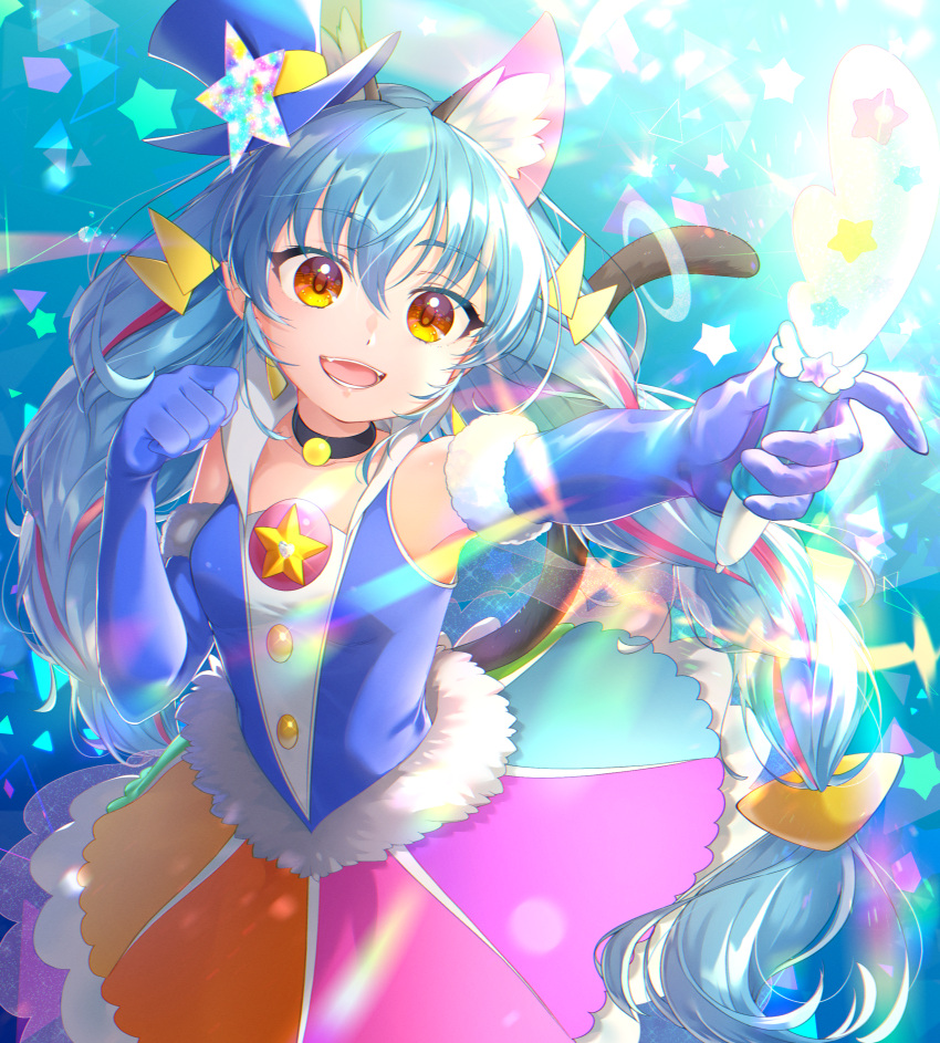 1girl :d absurdres animal_ear_fluff animal_ears aqua_hair blue_gloves blue_headwear boots braid cat_ears cat_girl cat_tail cure_cosmo fur-trimmed_gloves fur_trim gloves highres holding huge_filesize long_hair multicolored multicolored_clothes multicolored_hair multicolored_skirt open_mouth outstretched_arm pink_hair precure rainbow_skirt revision skirt smile star_twinkle_precure tail tail_raised tail_ring thigh-highs thigh_boots twin_braids very_long_hair yellow_eyes yuni_(precure) yupiteru