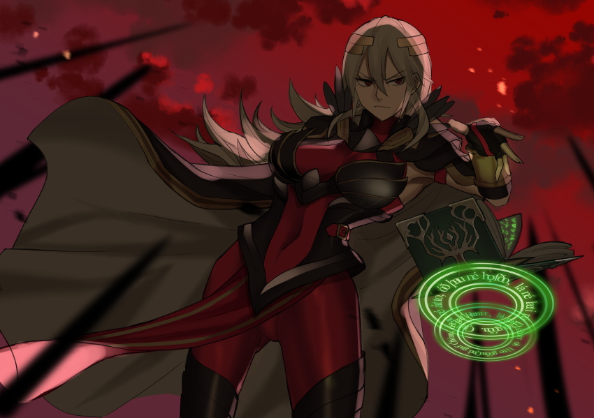 1girl alternate_costume angry black_gloves book breasts cape closed_mouth clouds ebinku fingerless_gloves fire_emblem fire_emblem_heroes floating floating_book floating_object full_body gloves grey_hair hair_between_eyes hair_ornament high_heels highres large_breasts long_hair looking_at_viewer magic magic_circle open_book red_eyes red_sky sky solo standing thrasir_(fire_emblem)