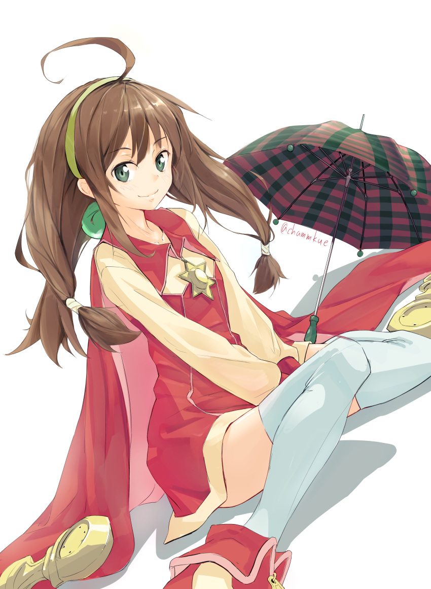 1girl absurdres ahoge brown_hair cape chamu_(chammkue) closed_mouth dress full_body green_eyes hair_ornament hairband highres lilka_eleniak long_hair looking_at_viewer low-tied_long_hair plaid_umbrella ponytail red_cape red_dress red_footwear shoes short_dress simple_background sitting smile solo thigh-highs twintails umbrella v_arms white_background white_legwear wild_arms wild_arms_2 yellow_hairband zettai_ryouiki