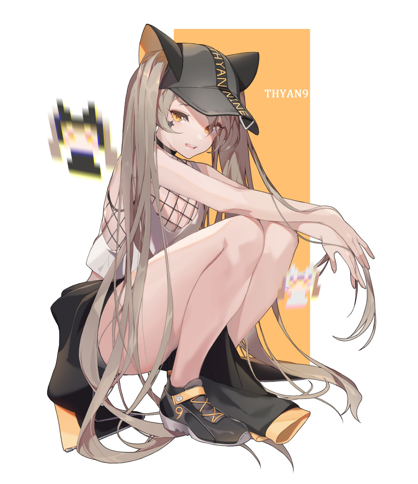 1girl absurdres animal_ears artist_name bangs bare_legs baseball_cap black_coat black_footwear black_headwear blush breasts brown_hair cat_ears choker chyo clothes_around_waist collar eyebrows_visible_through_hair eyes_visible_through_hair fake_animal_ears fishnets full_body hair_between_eyes hat highres jacket_around_waist knees_up long_hair looking_at_viewer open_mouth original pixel_art shirt shoes simple_background sleeveless smile sneakers solo star star_tattoo tank_top tattoo thighs twintails very_long_hair white_shirt yellow_eyes