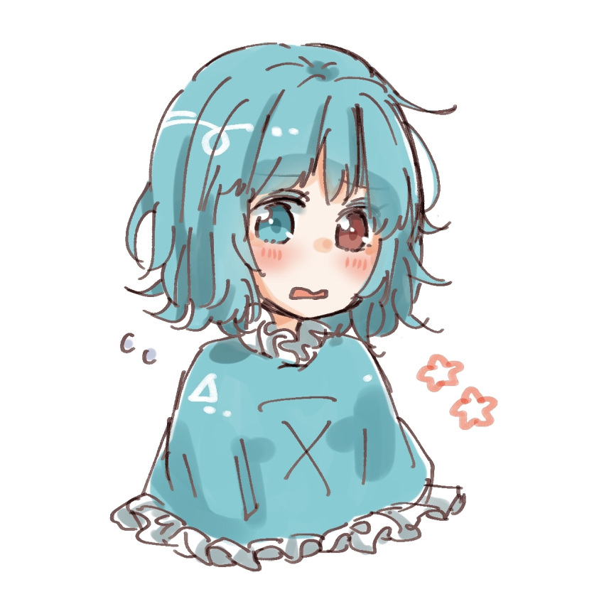 1girl alternate_costume aqua_eyes aqua_hair blush capelet collar frilled_collar frills heterochromia highres red_eyes salt_(seasoning) short_hair solo tagme tatara_kogasa touhou