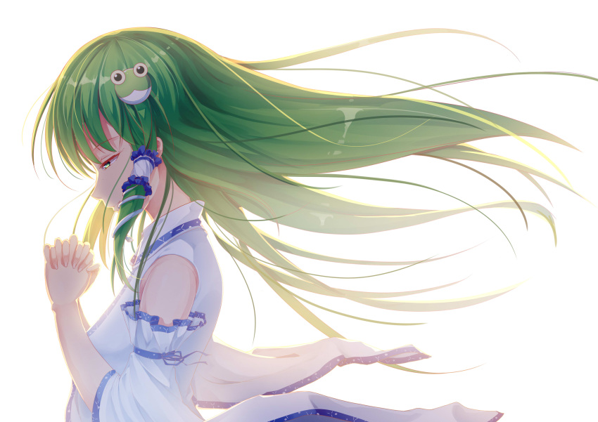 1girl absurdres bangs bare_shoulders breasts commentary detached_sleeves eyebrows_visible_through_hair floating_hair frog_hair_ornament from_side green_eyes green_hair hair_ornament hair_tubes hands_up highres interlocked_fingers kochiya_sanae long_hair long_sleeves medium_breasts own_hands_together profile shirt shouyue sidelocks simple_background smile snake_hair_ornament solo touhou upper_body white_background white_shirt wide_sleeves