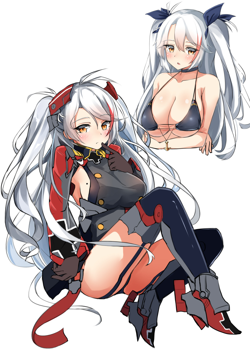 1girl absurdres ass azur_lane bangs bikini black_bikini black_choker black_panties black_ribbon blue_legwear blush boots breasts brown_eyes brown_gloves choker cropped_torso dress eyebrows_visible_through_hair finger_to_mouth gloves grey_dress grey_footwear hair_between_eyes hair_ornament hair_ribbon highres iron_cross knees_up large_breasts long_hair long_sleeves mole mole_on_breast moyoron multicolored_hair multiple_views panties parted_lips prinz_eugen_(azur_lane) redhead ribbon rudder_footwear sideboob silver_hair simple_background sitting sleeves_past_wrists streaked_hair swimsuit thigh-highs two_side_up underwear upper_body very_long_hair white_background