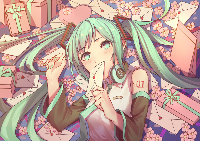 1girl 39 black_sleeves blue_eyes blue_hair blue_nails blue_neckwear blue_ribbon blush box collared_shirt covering_mouth detached_sleeves gift gift_box hatsune_miku headphones headphones_around_neck heart highres holding_letter long_hair long_sleeves looking_at_viewer love_letter nail_polish necktie ribbon shirt solo tattoo twintails upper_body very_long_hair vocaloid white_shirt wing_collar yangsan_(2991076090)