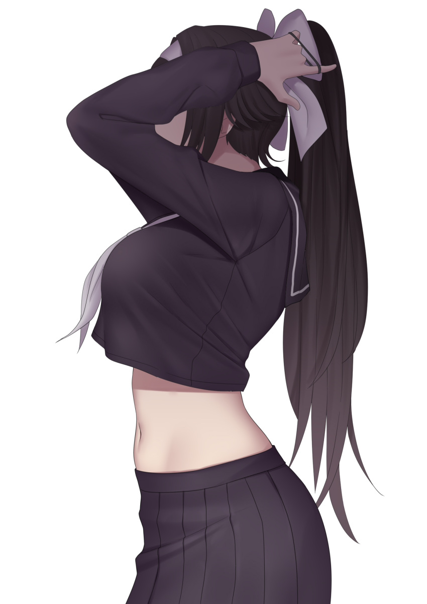 1girl azur_lane black_hair black_sailor_collar black_serafuku black_shirt black_skirt bow breasts crop_top crop_top_overhang from_side hair_bow hairband highres large_breasts long_hair long_sleeves midriff navel neckerchief pleated_skirt ponytail revian_samuel_dani sailor_collar school_uniform serafuku shirt simple_background skirt takao_(academy_romantica)_(azur_lane) takao_(azur_lane) tying_hair very_long_hair white_background white_bow white_hairband white_neckwear