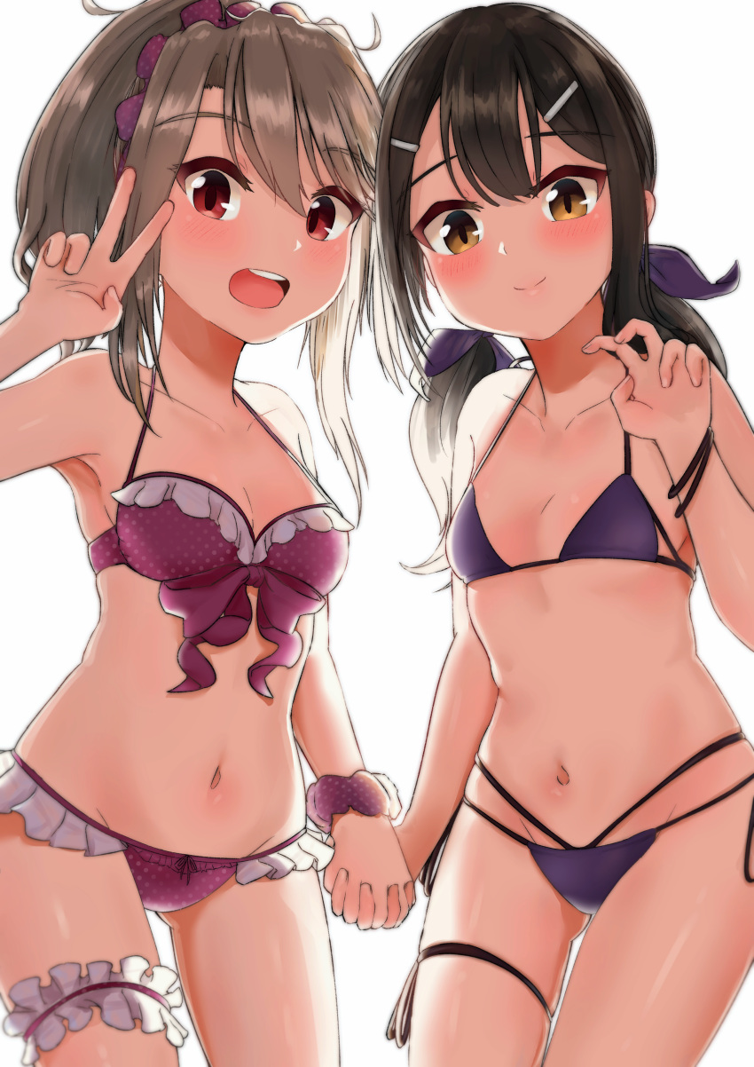 2girls :d absurdres alternate_hairstyle bangs bare_shoulders bikini black_hair blonde_hair blush breasts brown_eyes collarbone commentary_request cowboy_shot eyebrows_visible_through_hair fate/kaleid_liner_prisma_illya fate_(series) frilled_bikini frills groin hair_between_eyes hair_ornament hair_ribbon hair_scrunchie hairclip hand_up highres holding_hands illyasviel_von_einzbern interlocked_fingers karu_(ricardo_2628) leg_garter long_hair low_twintails miyu_edelfelt multiple_girls navel open_mouth pink_bikini polka_dot polka_dot_bikini polka_dot_scrunchie ponytail purple_bikini purple_ribbon red_eyes ribbon round_teeth scrunchie simple_background small_breasts smile swimsuit teeth thigh_strap twintails v white_background wrist_scrunchie