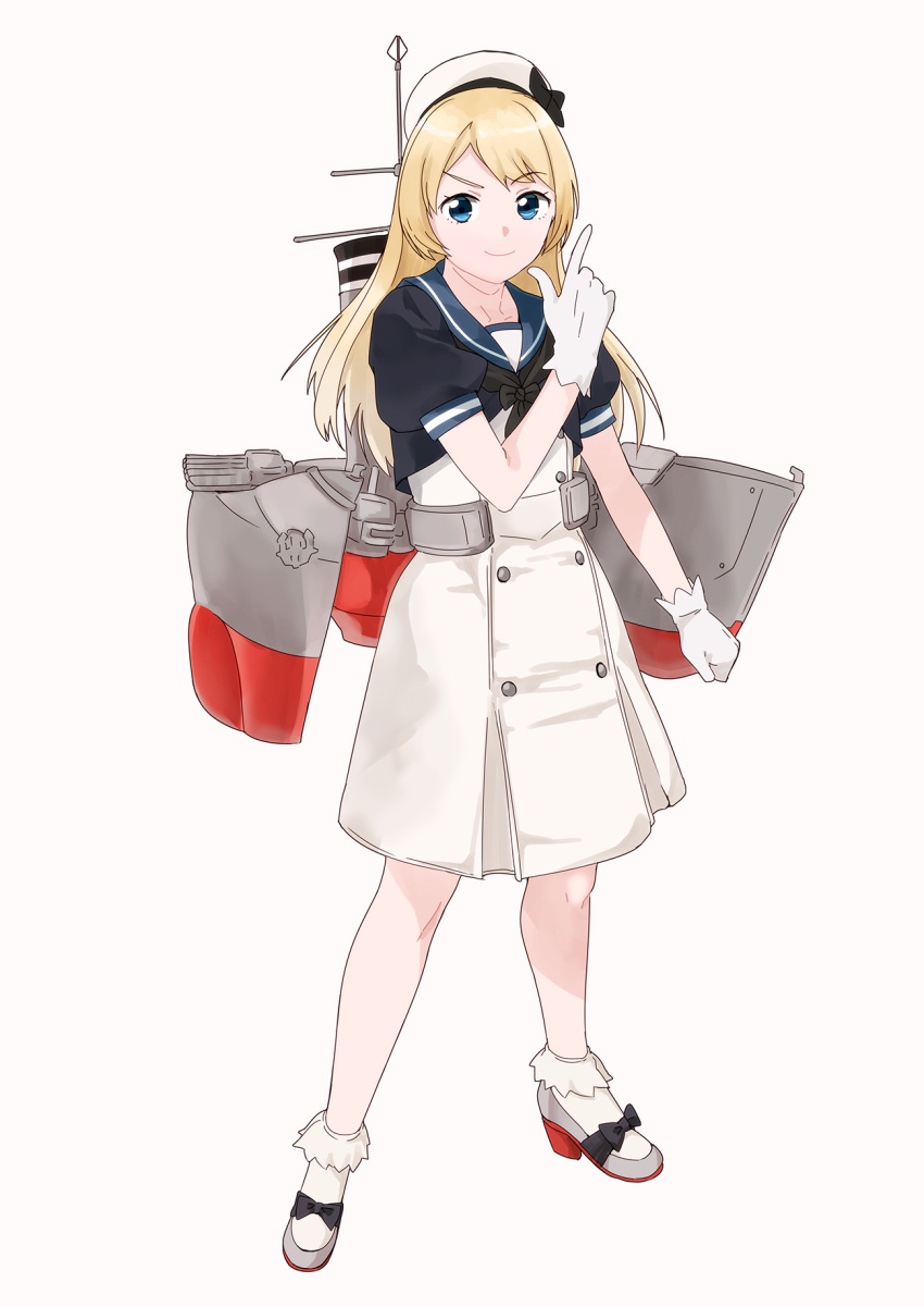 1girl blonde_hair blue_eyes blue_sailor_collar dress full_body gloves grey_footwear hat highres jervis_(kantai_collection) kantai_collection long_hair machinery mary_janes ojipon pose sailor_collar sailor_dress sailor_hat shoes short_sleeves simple_background solo standing white_background white_dress white_gloves white_headwear