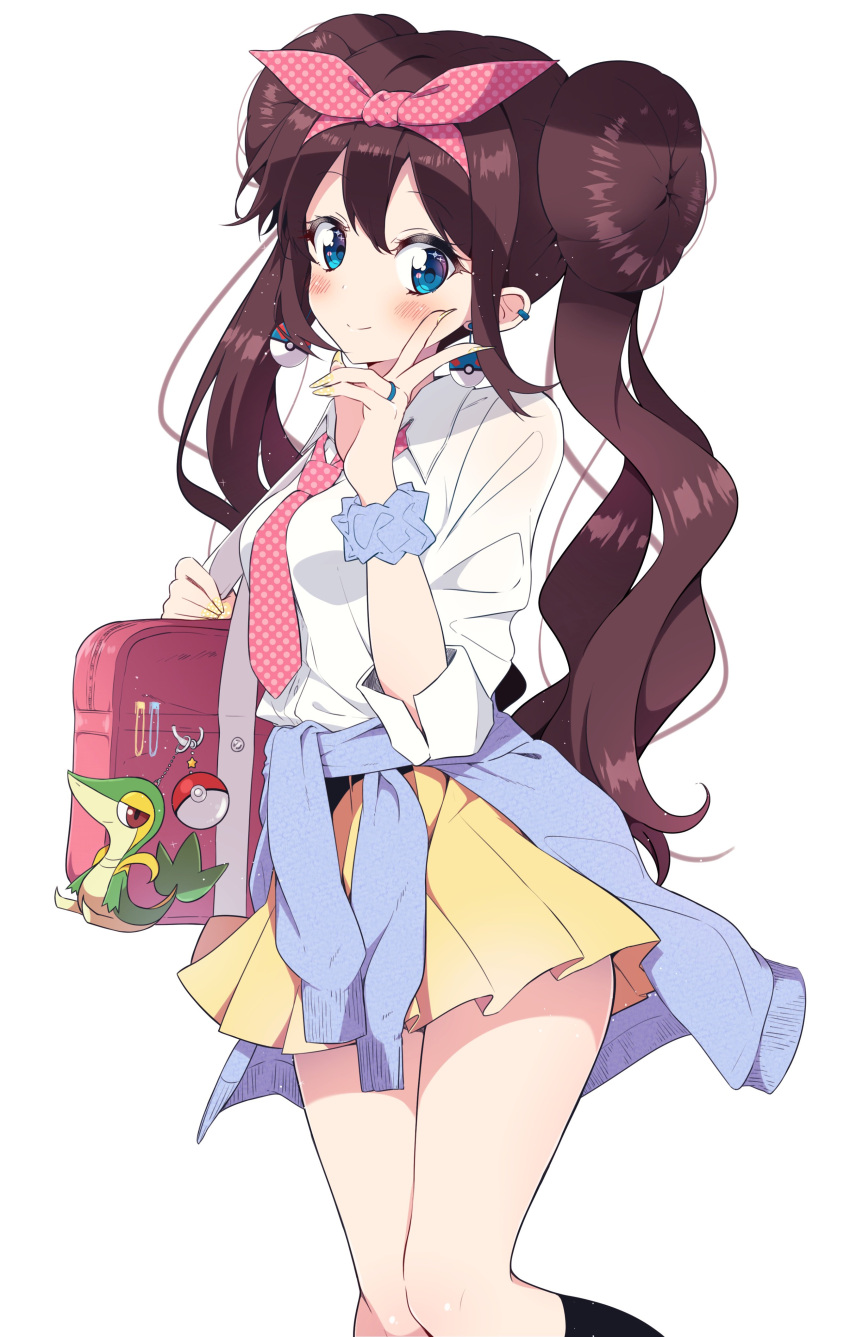 1girl absurdres bag bag_charm bangs black_legwear blue_cardigan blue_eyes blue_scrunchie blush bokkun_(doyagaobyo) breasts brown_hair brown_nails cardigan cardigan_around_waist character_request charm_(object) closed_mouth clothes_around_waist collared_shirt double_bun dress_shirt earrings eyebrows_visible_through_hair fingernails hair_between_eyes hair_ribbon hand_up highres jewelry kneehighs long_hair medium_breasts mei_(pokemon) nail_polish necktie pink_ribbon pleated_skirt poke_ball poke_ball_(generic) poke_ball_earrings pokemon pokemon_(game) polka_dot_neckwear polka_dot_ribbon ribbon school_bag school_uniform scrunchie shirt side_bun skirt smile solo sparkling_eyes twintails unmoving_pattern v very_long_hair white_shirt wrist_scrunchie yellow_shirt