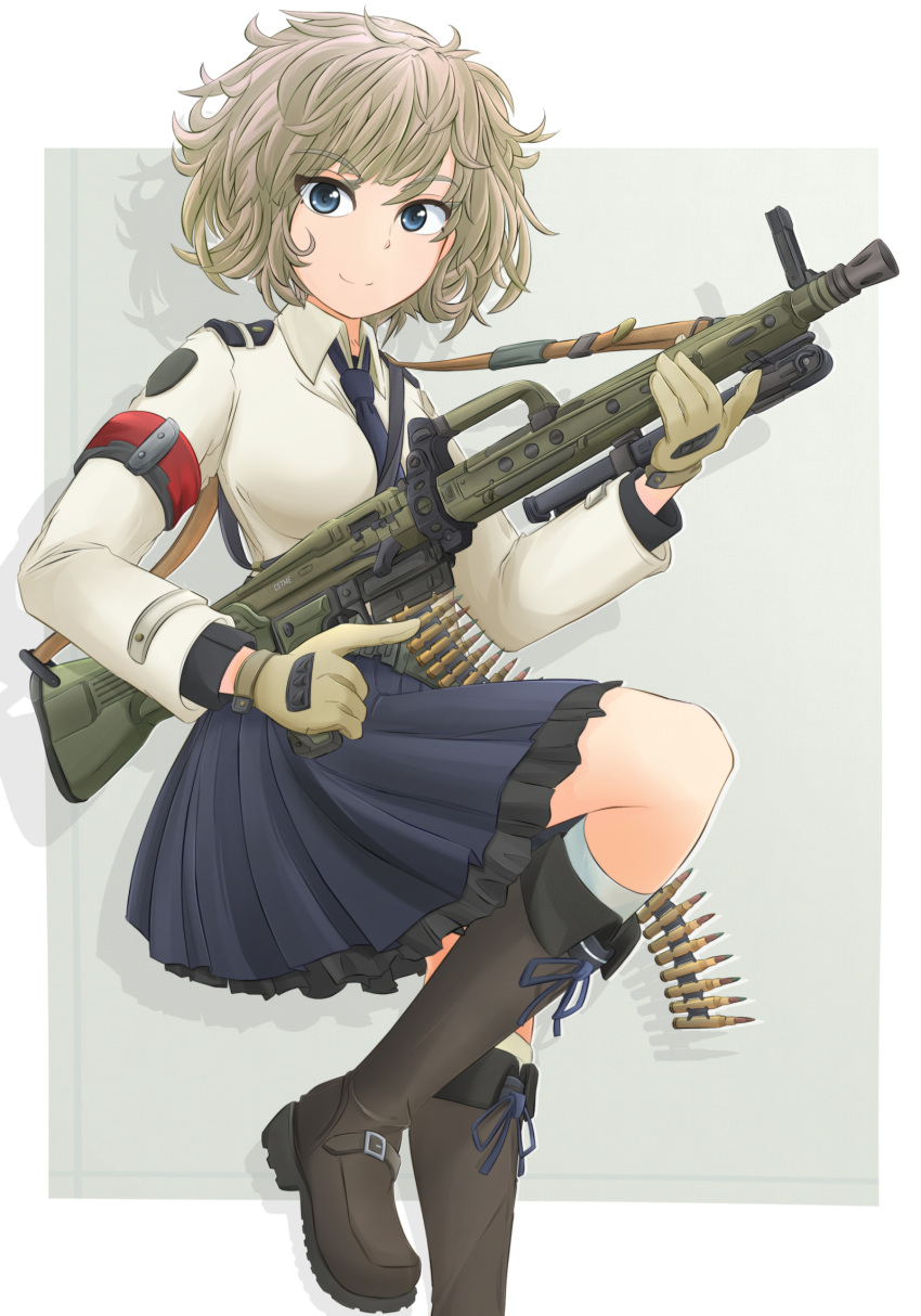 1girl assault_rifle bangs black_footwear blue_eyes boots brown_gloves cetme_ameli closed_mouth commentary_request dress_shirt eyebrows_visible_through_hair frilled_skirt frills gloves grey_background grey_legwear gun highres holding holding_gun holding_weapon leg_up light_brown_hair long_sleeves looking_at_viewer mikeran_(mikelan) miniskirt navy_blue_neckwear navy_blue_skirt necktie original partial_commentary rifle shadow shirt skirt smile socks solo standing standing_on_one_leg trigger_discipline weapon white_shirt wing_collar