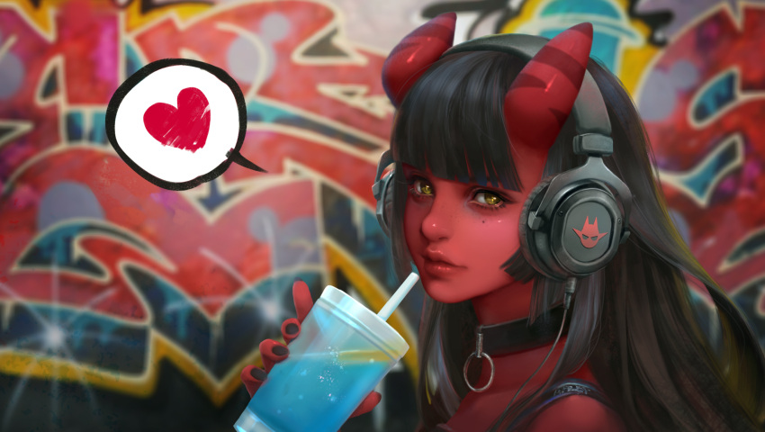 1girl bangs black_hair borrowed_character cable collar commentary cup demon_girl disposable_cup drinking_straw driverbunny37 english_commentary eyelashes graffiti headphones heart highres lips long_hair looking_at_viewer meruccubus_(merunyaa) mole mole_under_eye nose oni_horns original portrait realistic red_skin solo spoken_heart succubus yellow_eyes