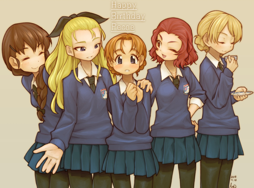 5girls arms_behind_back artist_name assam bangs black_legwear black_neckwear black_ribbon blonde_hair blue_eyes blue_skirt blue_sweater braid brown_eyes brown_hair character_name closed_eyes closed_mouth commentary darjeeling dated dress_shirt emblem english_text engrish_text eyebrows_visible_through_hair gesture girls_und_panzer grey_background hair_ornament hair_over_shoulder hair_pulled_back hair_ribbon hairclip hand_on_another's_shoulder hands_in_pockets happy_birthday holding leaning_forward light_smile long_hair long_sleeves looking_at_another looking_at_viewer medium_hair miniskirt multiple_girls necktie open_mouth orange_hair orange_pekoe pantyhose parted_bangs parted_lips pleated_skirt ranguage redhead ribbon rosehip rukuriri school_uniform shirt short_hair signature simple_background single_braid skirt smile st._gloriana's_(emblem) st._gloriana's_school_uniform standing sweater tearing_up tessaku_ro tied_hair twin_braids v-neck white_shirt wing_collar