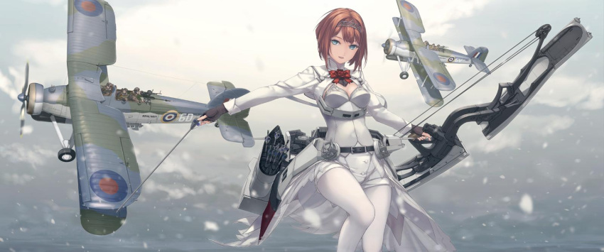 ark_royal_(kantai_collection) bangs blue_eyes blunt_bangs bob_cut cannon cleavage_cutout commentary_request composite_bow corset fingerless_gloves flight_deck gloves hairband highres jacket kantai_collection long_sleeves machinery overskirt pantyhose quiver red_ribbon redhead ribbon rokuwata_tomoe royal_navy short_hair shorts swordfish_(airplane) tiara tsurime turret white_corset white_legwear white_shorts