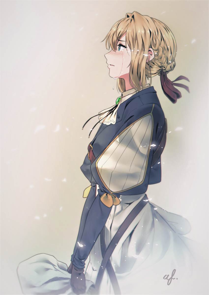 1girl absurdres afba blonde_hair blue_eyes blush bouquet braid brooch crying crying_with_eyes_open dress english_commentary flower from_side hair_intakes highres holding holding_bouquet jewelry parted_lips profile signature solo tears violet_evergarden violet_evergarden_(character)