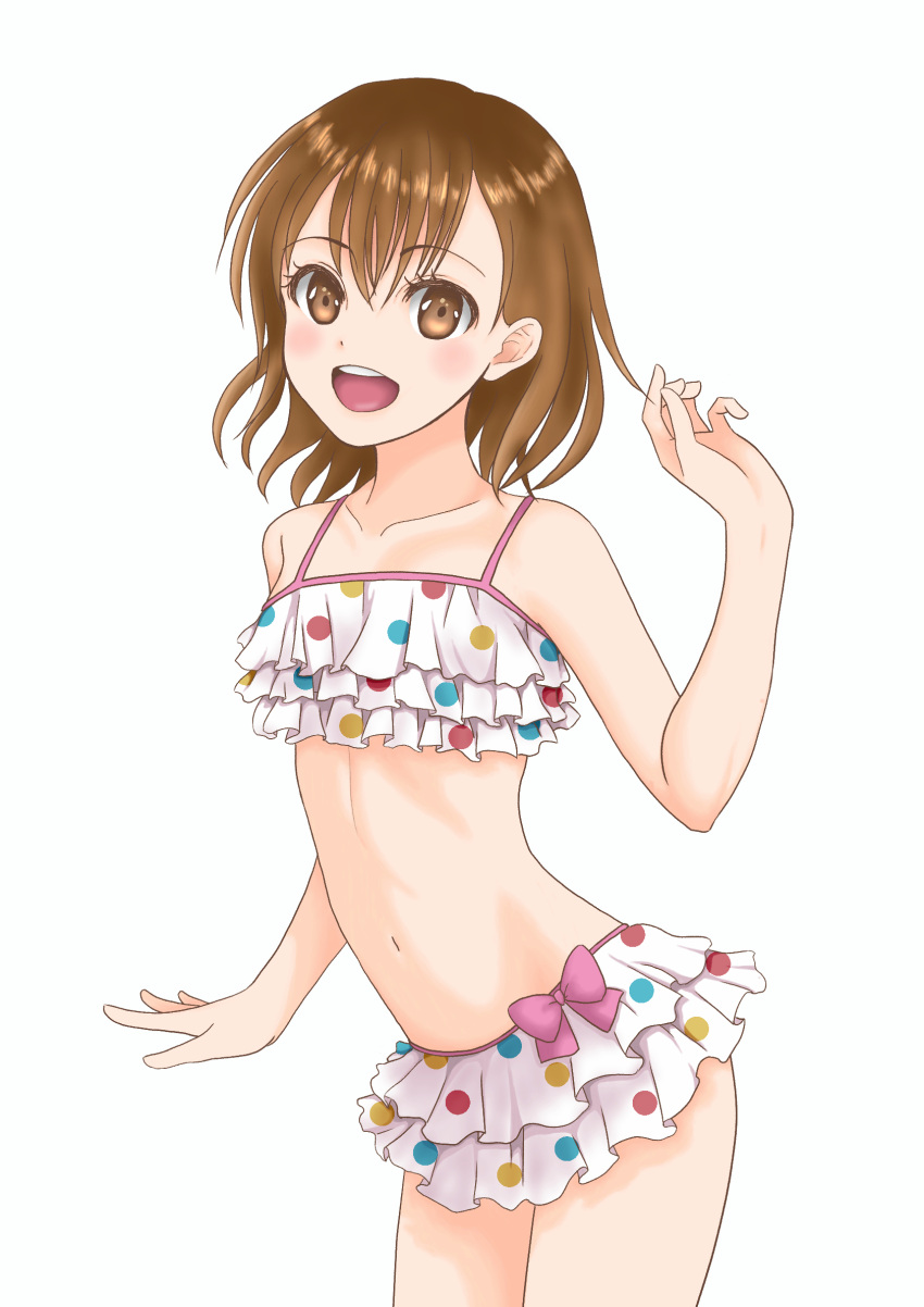 1girl :d bikini bikini_skirt blush brown_eyes brown_hair collarbone cowboy_shot eyebrows_visible_through_hair frilled_bikini frills hair_between_eyes highres layered_skirt leaning_forward miniskirt misaka_mikoto navel open_mouth polka_dot polka_dot_bikini shiny shiny_hair short_hair simple_background skirt smile solo standing suzuneko_junichapi swimsuit to_aru_majutsu_no_index white_background white_bikini