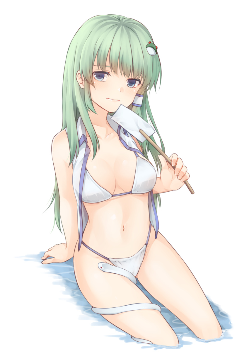 1girl arm_support bangs bare_arms bare_shoulders bikini blue_eyes blush breasts collarbone commentary_request eyebrows_visible_through_hair frog_hair_ornament green_hair hair_ornament hair_tubes highres holding kochiya_sanae long_hair looking_at_viewer medium_breasts miyo_(ranthath) navel open_clothes open_shirt shirt sidelocks simple_background sitting sleeveless sleeveless_shirt snake soaking_feet solo stomach swimsuit thighs touhou water white_background white_bikini white_shirt white_snake