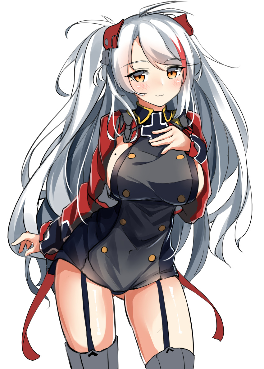 1girl absurdres ass_visible_through_thighs azur_lane bangs blush breasts brown_eyes closed_mouth dress eyebrows_visible_through_hair garter_straps grey_dress grey_legwear hair_between_eyes hair_ornament hand_on_own_chest hand_up highres iron_cross large_breasts long_hair long_sleeves mole mole_on_breast moyoron multicolored_hair prinz_eugen_(azur_lane) redhead short_dress sideboob silver_hair simple_background sleeves_past_wrists smile solo streaked_hair thigh-highs two_side_up very_long_hair white_background