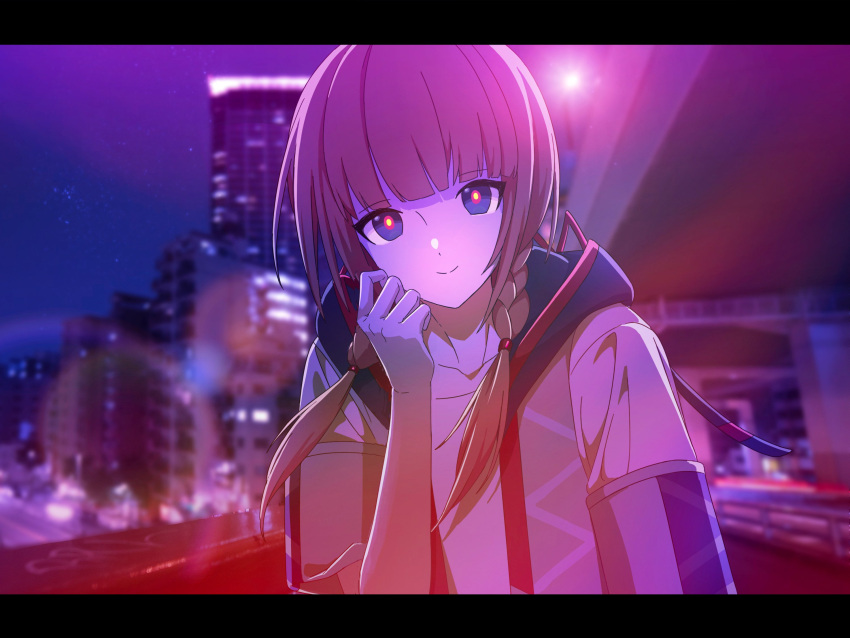 1girl bangs blue_eyes braid chamooi city closed_mouth highres hood hood_down kaf letterboxed looking_at_viewer low_twin_braids multicolored multicolored_eyes night outdoors photo_background pink_hair red_eyes short_sleeves smile solo twin_braids virtual_kaf virtual_youtuber yellow_eyes