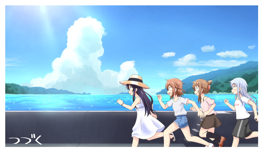 :d akatsuki_(kantai_collection) alternate_costume black_hair black_legwear blue_sky blush brown_hair casual clouds cloudy_sky commentary_request contemporary detached_sleeves dress folded_ponytail hair_ornament hairclip hat hibiki_(kantai_collection) horizon ikazuchi_(kantai_collection) inazuma_(kantai_collection) island kantai_collection kneehighs long_hair ocean open_mouth running scenery short_hair short_shorts shorts silver_hair sky smile sun_hat translated tsukemon white_dress