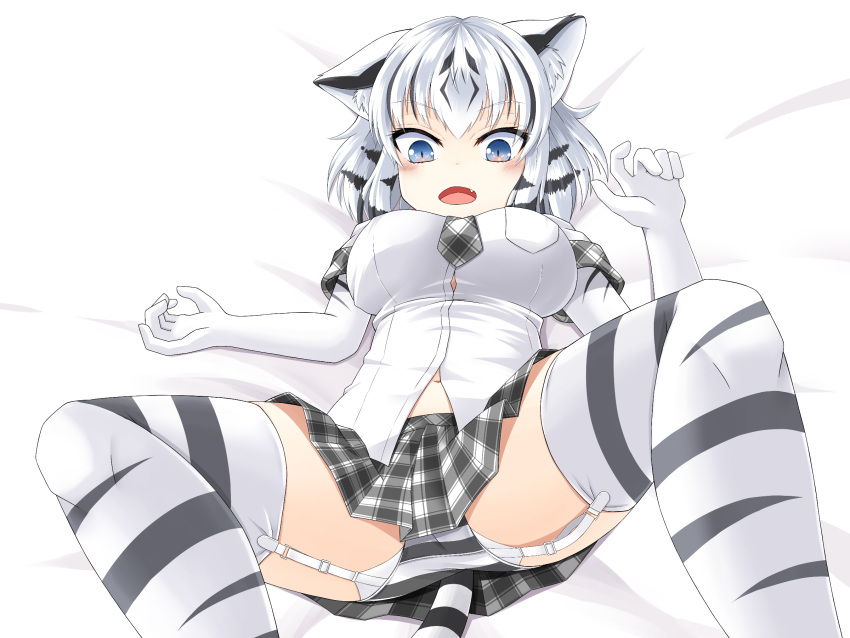 1girl animal_ear_fluff animal_ears bed black_hair blue_eyes blush breasts commentary commentary_request elbow_gloves eyebrows_visible_through_hair fang garter_belt garter_straps gloves grey_panties highres kemono_friends large_breasts lingerie looking_at_viewer lying midriff miniskirt multicolored_hair navel necktie on_bed open_mouth panties plaid plaid_neckwear plaid_skirt shirt short_hair skirt solo sora_(sunday_sky) spread_legs striped striped_panties tail thigh-highs tiger_ears tiger_tail underwear white_gloves white_hair white_legwear white_tiger_(kemono_friends)