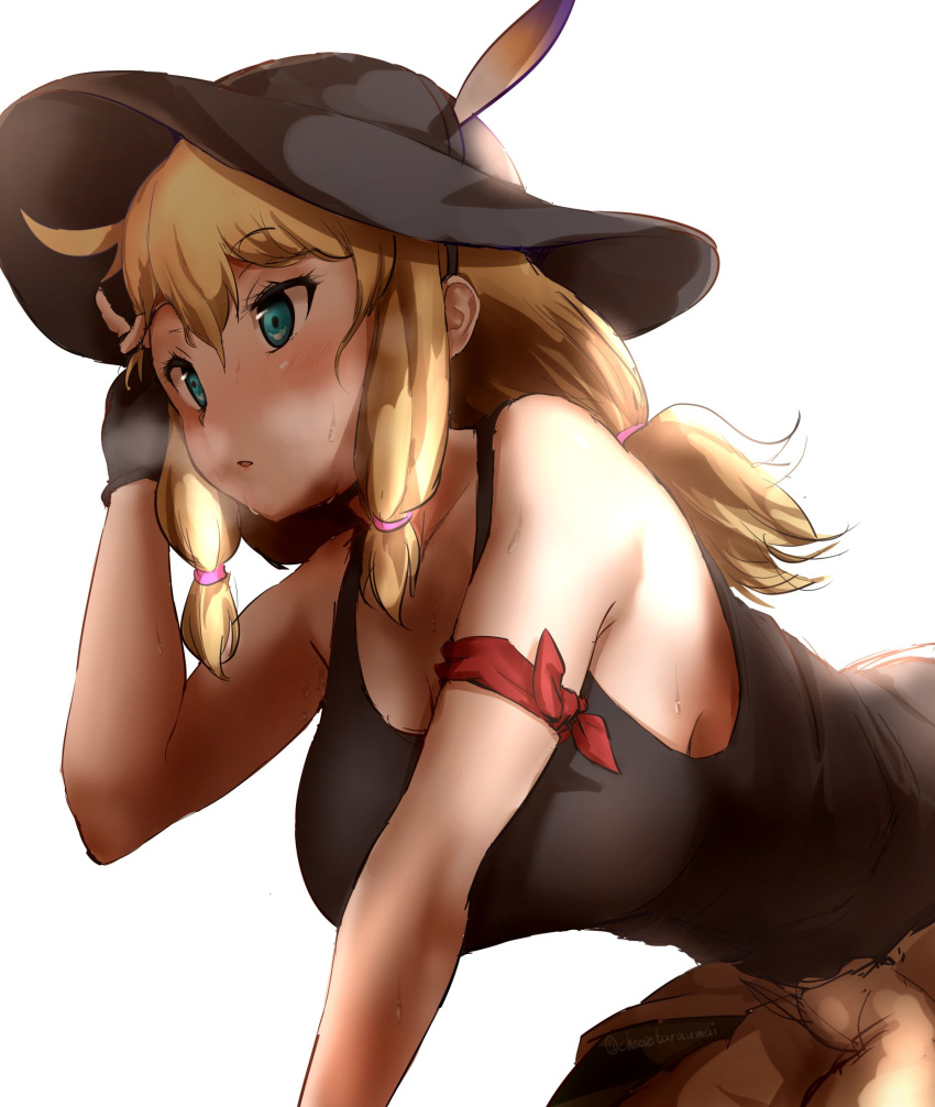 1girl armband bare_shoulders black_gloves black_headwear black_shirt blonde_hair blue_eyes blush character_request cheesetaraumai commentary_request eyebrows_visible_through_hair fingerless_gloves gloves hair_tie hands_in_hair hat hat_feather highres kemono_friends ponytail red_armband shirt short_hair sleeveless solo sun_hat sweat tank_top twintails