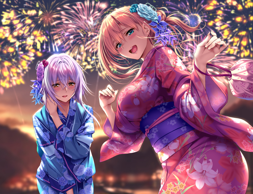 2girls :d aerial_fireworks aqua_eyes ayase_kaya ayase_touka_(piromizu) bangs blonde_hair blue_kimono blurry blurry_background blush breasts brown_eyes collarbone dutch_angle eyebrows_visible_through_hair fanbox_reward fingernails fireworks floral_print flower hair_between_eyes hair_flower hair_ornament hand_on_own_chest hands_up highres japanese_clothes kimono large_breasts long_fingernails long_hair long_sleeves looking_at_viewer multiple_girls nail_polish night night_sky obi open_mouth original outdoors paid_reward pink_kimono pink_nails piromizu pov purple_hair sash sidelocks sky smile teeth upper_teeth wide_sleeves yukata