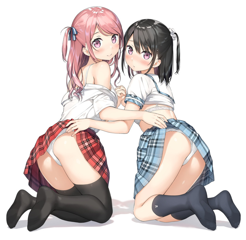 2girls ass bare_shoulders black_hair black_legwear blue_skirt blush bra breasts closed_mouth collared_shirt feet from_behind frown hair_ornament hair_ribbon hair_scrunchie highres kantoku kneehighs kneeling kurumi_(kantoku) long_hair looking_at_viewer looking_back medium_breasts miniskirt multiple_girls no_shoes off_shoulder one_side_up original panties panties_day pink_eyes pink_hair plaid plaid_skirt pleated_skirt red_skirt ribbon school_uniform scrunchie shadow shirt shirt_lift shirt_tucked_in shizuku_(kantoku) short_hair short_sleeves sidelocks skirt skirt_lift smile thigh-highs underwear white_background white_bra white_panties white_shirt