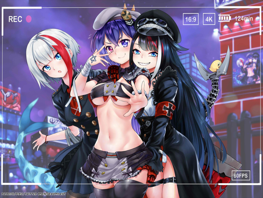 3girls admiral_graf_spee_(azur_lane) admiral_graf_spee_(maiden's_sunday)_(azur_lane) armband azur_lane bandaged_arm bandages beret black_dress black_hair black_jacket blue_eyes bracelet breasts closed_mouth commentary deutschland_(azur_lane) double-breasted dress english_commentary fang goggles goggles_on_headwear groping hand_on_another's_ass hat heterochromia highres iron_cross jacket jewelry leotard_under_clothes lifted_by_another long_sleeves looking_at_viewer mechanical_hands medium_breasts midriff miniskirt multicolored_hair multiple_girls navel open_mouth sereneandsilent sharp_teeth short_hair short_sleeves skin_fang skirt skirt_lift smile stage streaked_hair teeth under_boob viewfinder violet_eyes white_hair z36_(azur_lane)