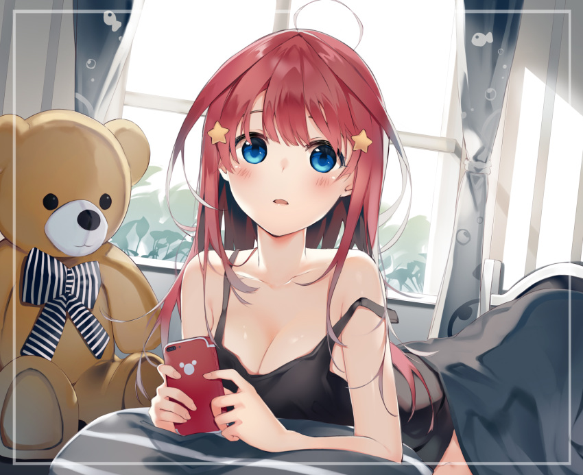 1girl ahoge bangs bare_arms bare_shoulders black_camisole blue_eyes blush camisole cellphone curtains eyebrows_visible_through_hair go-toubun_no_hanayome hair_ornament highres holding holding_cellphone holding_phone indoors long_hair looking_at_viewer lying nakano_itsuki niii_(memstapak) on_stomach parted_lips phone pillow redhead solo star star_hair_ornament strap_slip stuffed_animal stuffed_toy teddy_bear under_covers window