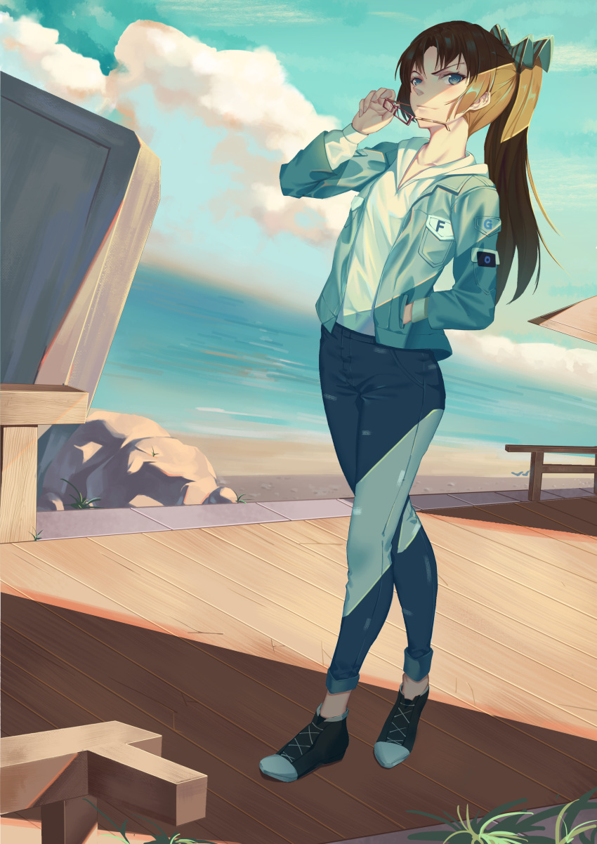 1girl absurdres alternate_costume alternate_hairstyle bangs black_hair blue_eyes blue_jacket bow clouds day denim denim_jacket fate/grand_order fate_(series) hair_bow hand_in_pocket highres holding holding_eyewear hood hoodie jacket jeans long_hair long_sleeves looking_at_viewer ocean open_clothes open_jacket outdoors pants parted_bangs qian_bao_liushang red-framed_eyewear shoes smile sneakers solo standing toosaka_rin torn_clothes torn_pants white_hoodie