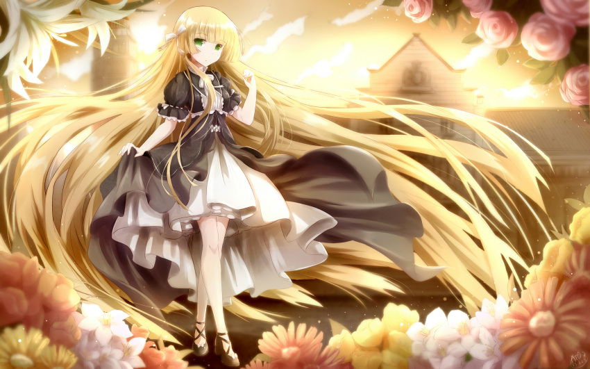 1girl absurdly_long_hair absurdres bangs black_footwear blue_hair blurry blurry_background blurry_foreground bow dress eyebrows_visible_through_hair floating_hair flower full_body gosick green_eyes hair_bow hair_ribbon highres layered_dress lolita_fashion long_hair looking_at_viewer orange_bow pink_flower pink_rose ribbon rose shiny shiny_hair short_sleeves skirt_hold solo standing very_long_hair victorica_de_blois white_bow white_ribbon yellow_bow