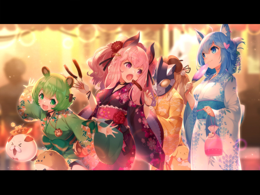 4girls ahoge animal animal_ear_fluff animal_ears animare bangs bat_ears bear_ears beret blue_eyes blue_hair blurry blurry_background brown_eyes brown_hair choker commentary_request dog_ears earrings eyebrows_visible_through_hair fangs festival flower food green_eyes green_hair hair_flower hair_ornament hair_up hat highres hinokuma_ran inaba_haneru_(animare) japanese_clothes jewelry kimono kokka_han letterboxed long_hair looking_at_another looking_at_viewer mask multiple_girls obi open_mouth pink_hair sash short_hair smile souya_ichika umori_hinako violet_eyes virtual_youtuber wide_sleeves