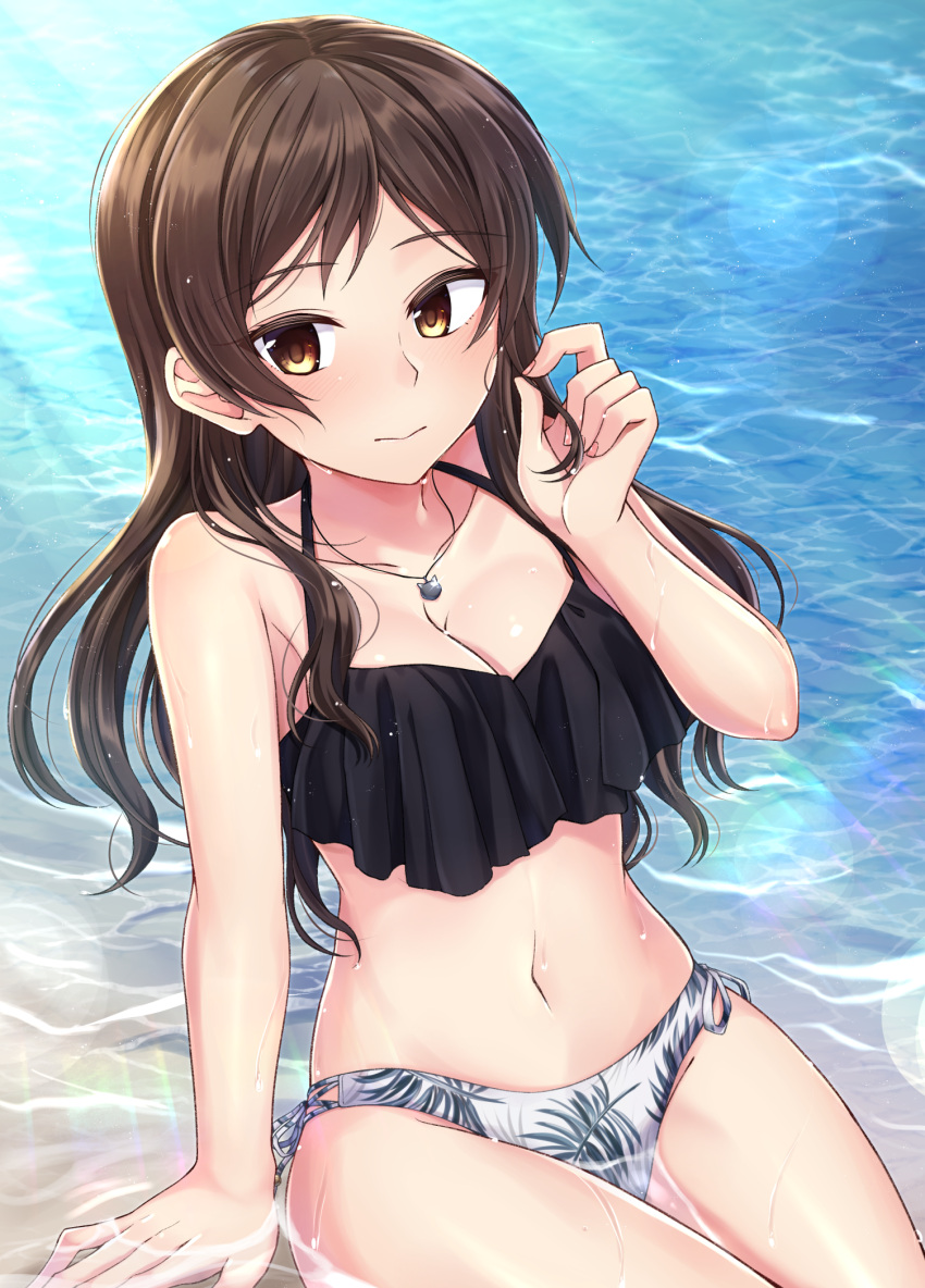 1girl bare_arms bare_shoulders bikini black_bikini black_rabbit breasts brown_eyes brown_hair caustics collarbone commentary_request day halter_top halterneck hand_up highres idolmaster idolmaster_million_live! jewelry kitazawa_shiho large_breasts light_rays long_hair looking_at_viewer midriff mismatched_bikini navel necklace sitting solo sunbeam sunlight swimsuit thighs water wet white_bikini