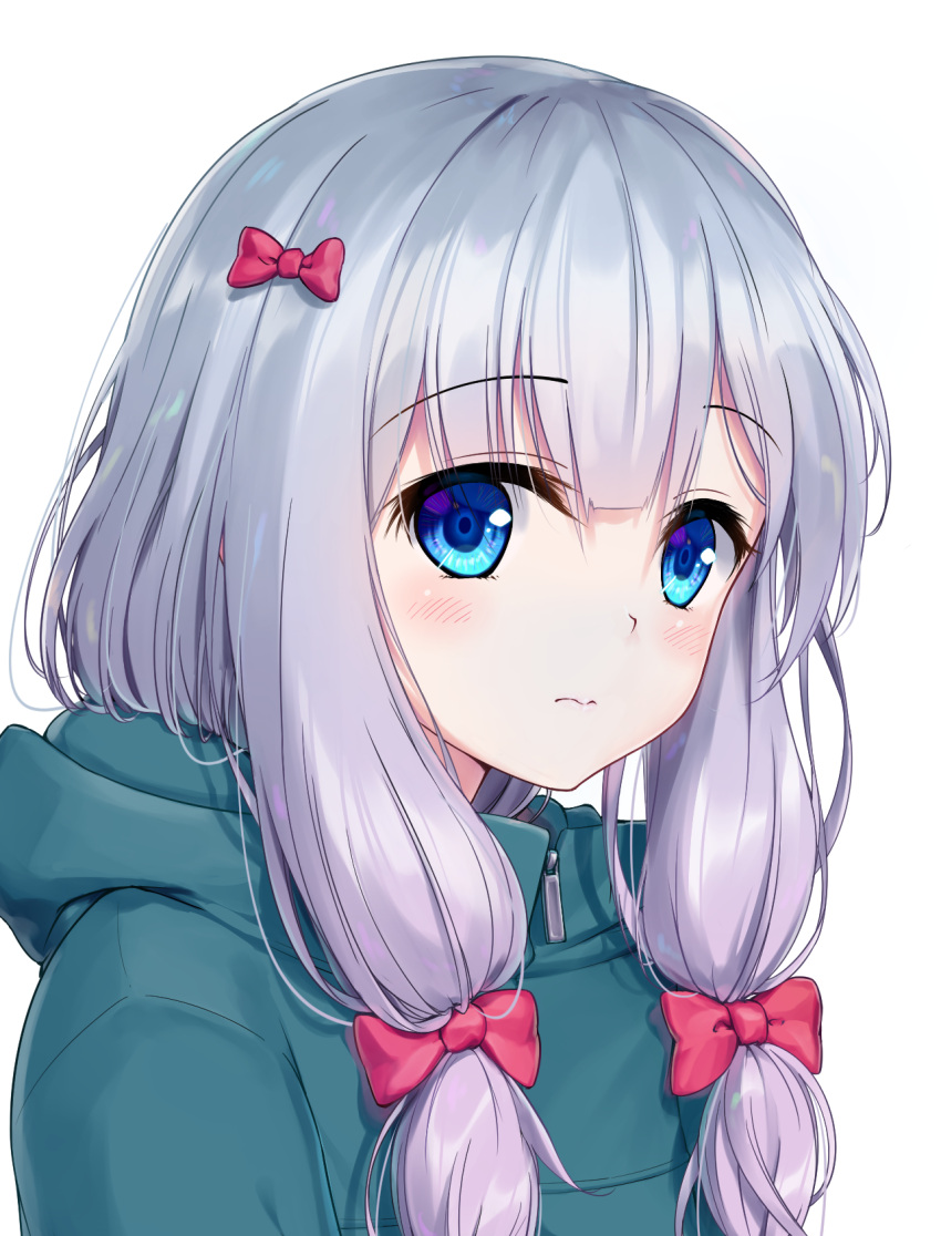 1girl bangs blue_eyes bow closed_mouth eromanga_sensei eyebrows_visible_through_hair hair_bow highres izumi_sagiri long_hair looking_at_viewer pink_bow portrait shiny shiny_hair sidelocks silver_hair simple_background solo traveler_(artbbt) white_background