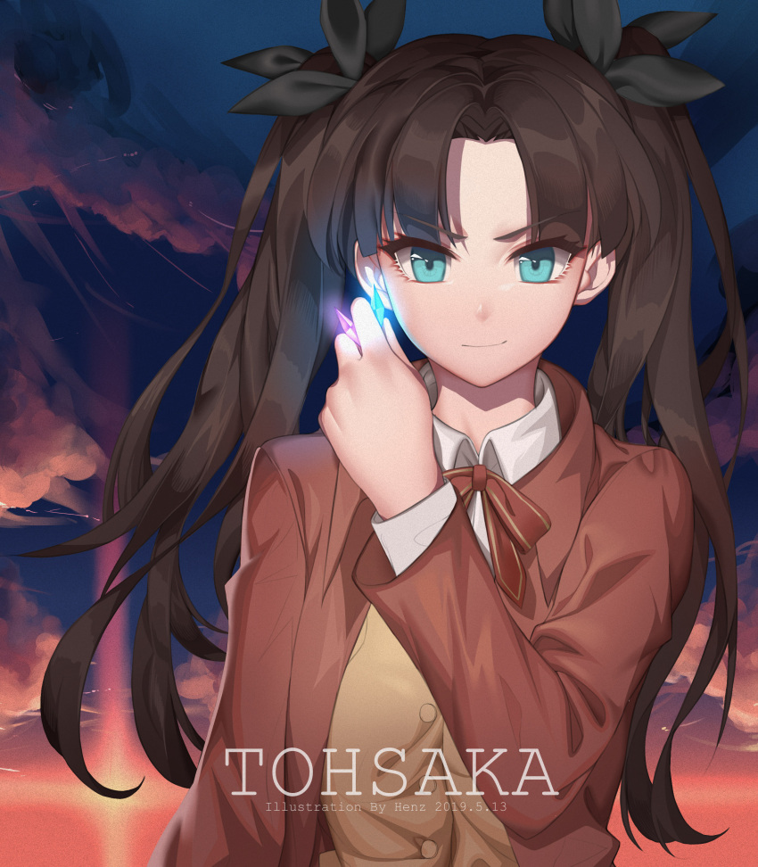&gt;:) 1girl absurdres artist_name black_hair black_ribbon blue_eyes bow brown_bow brown_jacket brown_neckwear brown_vest character_name clouds collared_shirt dated evening eyebrows_visible_through_hair fate/stay_night fate_(series) gem glowing hair_ribbon henz_(86551650) highres holding jacket long_hair long_sleeves looking_at_viewer ribbon shirt sky smirk solo toosaka_rin two_side_up upper_body vest white_shirt