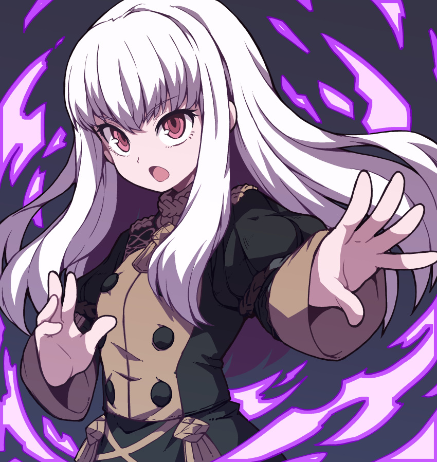 1girl absurdres bangs black_dress dress epaulettes eyebrows_visible_through_hair fire_emblem fire_emblem:_three_houses floating_hair hair_between_eyes hand_up highres jacket long_hair long_sleeves looking_at_viewer lysithea_von_cordelia magic nazonazo_(nazonazot) open_mouth outstretched_arm outstretched_arms pink_eyes reaching_out sidelocks simple_background solo uniform upper_body v-shaped_eyebrows white_hair