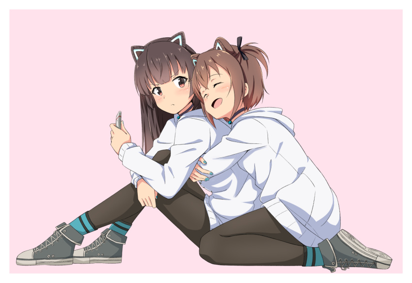 2girls :d ^_^ animal_ears aqua_nails black_pants blush border brown_eyes brown_hair cat_ears closed_eyes closed_mouth commentary_request dot_nose etou_kanami from_side frown holding hood hooded_sweater hug hug_from_behind juujou_hiyori long_hair looking_at_viewer motsutoko multiple_girls nail_polish open_mouth pants pink_background shoes short_hair sitting smile sweater toji_no_miko wariza white_sweater