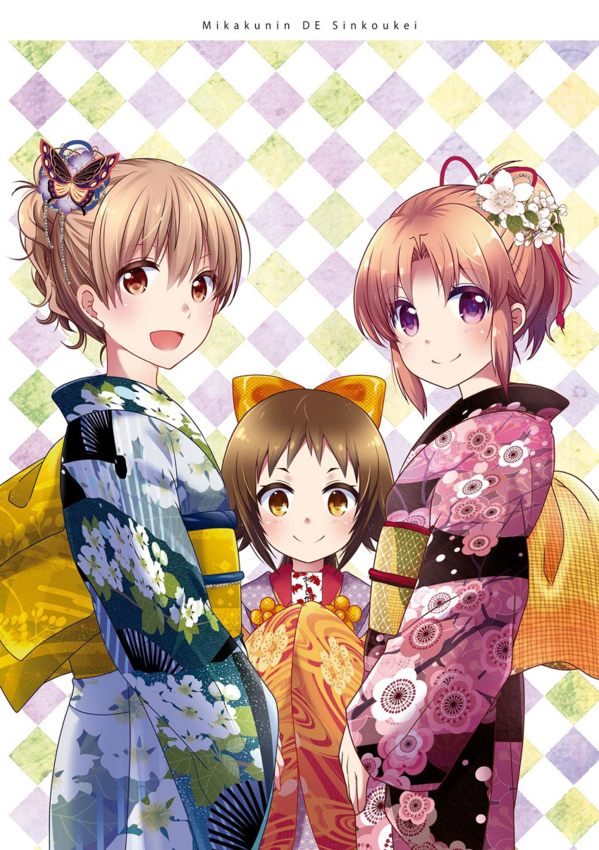 3girls :d alternate_hairstyle arai_cherry argyle argyle_background blush bow brown_eyes brown_hair butterfly_hair_ornament closed_mouth copyright_name eyebrows_visible_through_hair floral_print flower hair_bow hair_flower hair_ornament hair_up half_updo head_tilt highres japanese_clothes kimono looking_at_viewer mikakunin_de_shinkoukei mitsumine_mashiro multiple_girls obi official_art open_mouth orange_bow pink_hair ponytail romaji_text sash siblings sisters sleeves_past_fingers sleeves_past_wrists smile standing v-shaped_eyebrows violet_eyes yonomori_benio yonomori_kobeni