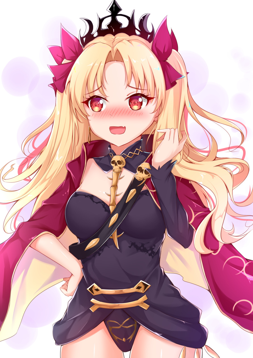 1girl absurdres asymmetrical_sleeves bangs black_leotard blonde_hair blush cape cowboy_shot detached_collar earrings ereshkigal_(fate/grand_order) eyebrows_visible_through_hair fate/grand_order fate_(series) gold hair_ribbon hand_on_hip highres hoop_earrings jewelry leotard long_hair looking_away nose_blush parted_bangs purple_ribbon red_cape red_eyes ribbon single_sleeve skull solo tiara tming two_side_up yellow_cape