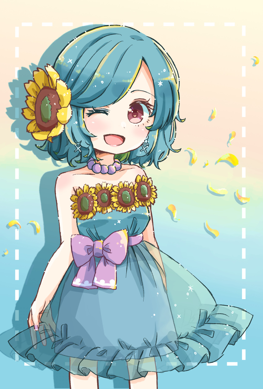 1girl absurdres alternate_costume alternate_hairstyle aqua_dress aqua_hair bow dress earrings flower frilled_dress frills gradient gradient_background hair_ornament highres jewelry necklace one_eye_closed pearl_necklace petals pink_bow pink_nails red_eyes salt_(seasoning) short_hair solo sunflower tagme tatara_kogasa touhou