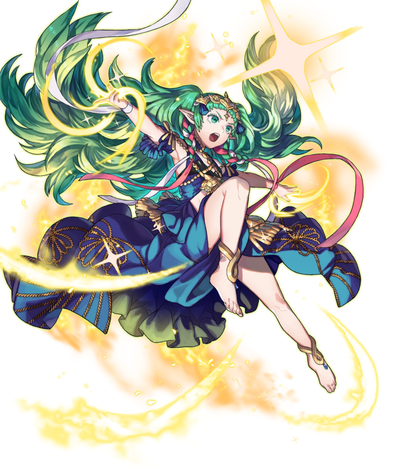 1girl barefoot bracelet fire_emblem fire_emblem:_three_houses fire_emblem_heroes full_body green_eyes green_hair highres jewelry long_hair maiponpon official_art open_mouth pointy_ears solo sothis sparkle teeth tiara transparent_background