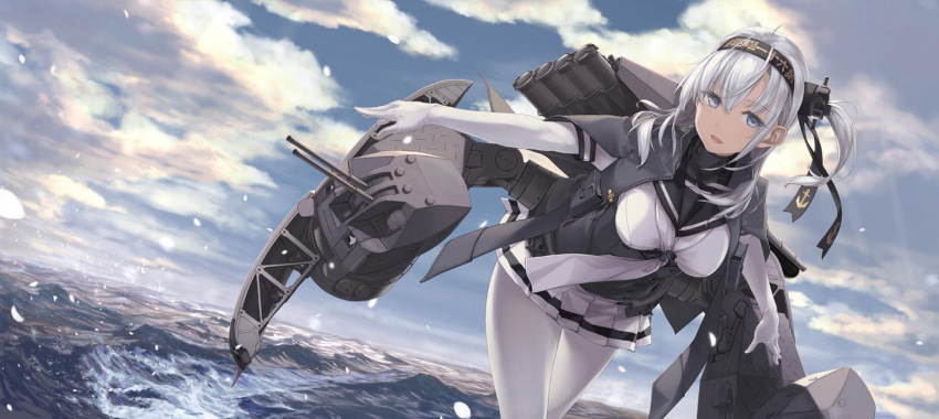 1girl anchor_symbol black_headband black_sailor_collar blue_sky bodysuit breasts chou-10cm-hou-chan_(suzutsuki's) clothes_writing commentary_request day dutch_angle eyebrows_visible_through_hair gloves grey_jacket hachimaki hair_between_eyes headband highres jacket kantai_collection machinery ocean one_side_up outdoors pantyhose rigging rokuwata_tomoe sailor_collar silver_hair skirt sky suzutsuki_(kantai_collection) torpedo torpedo_launcher turret underbust white_bodysuit white_gloves white_neckwear white_skirt