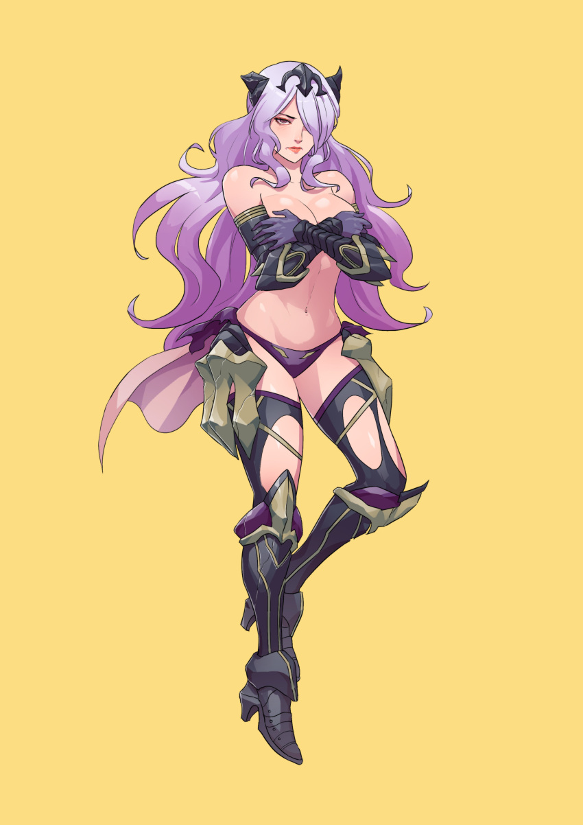 1girl absurdres annoyed armor breasts broken_armor camilla_(fire_emblem) cirenk covering covering_breasts elbow_gloves fire_emblem fire_emblem_fates full_body gloves greaves hair_over_one_eye high_heels highres large_breasts long_hair looking_at_viewer navel panties purple_gloves purple_hair solo stomach tiara topless torn_clothes torn_legwear underwear very_long_hair wavy_hair yellow_background