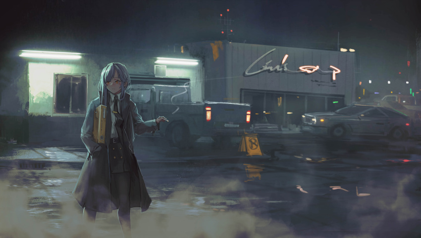 1girl absurdres aegisfate car ground_vehicle highres long_hair motor_vehicle necktie pantyhose skirt smoking solo trench_coat white_hair yellow_eyes