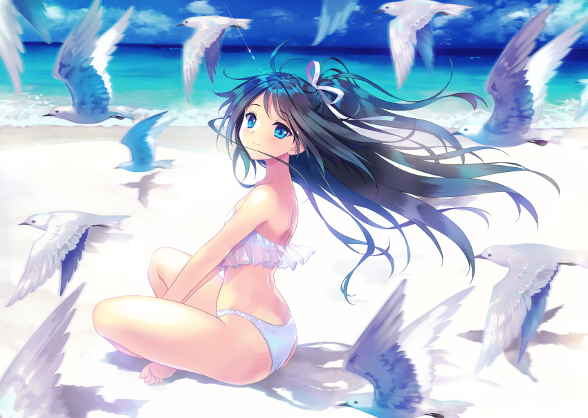 1girl absurdres ass barefoot beach between_legs bikini bird blue_bikini blue_eyes blue_hair blush butt_crack carnelian crossed_legs day floating_hair frilled_bikini_top frills from_side hand_between_legs highres indian_style kantai_collection katsuragi_(kantai_collection) long_hair looking_at_viewer looking_to_the_side ocean outdoors ponytail sand scan seagull shadow sitting sky smile solo swimsuit water waves wind