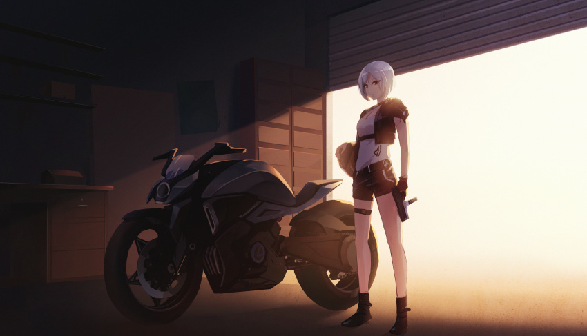 1girl absurdres android belt black_footwear black_jacket black_shorts boots cropped_jacket drawer gan-viking garage ground_vehicle gun helmet highres holding holding_gun holding_helmet holding_weapon huge_filesize jacket looking_at_viewer motor_vehicle motorcycle motorcycle_helmet open_clothes open_jacket original red_eyes shirt short_hair short_shorts shorts silver_hair solo standing thigh_strap weapon white_shirt